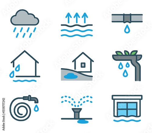 Foundation Water Source Icons. Flat icon set of foundation water sources: heavy rain, rising groundwater, pipe