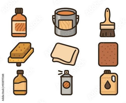 Wood Finishing Tools. Flat icon set of wood finishing supplies: wood stain bottle, varnish can, paintbrush,