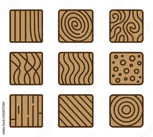 Wood Grain Icon Set. Flat icon set of types of wood grain: straight grain, spiral grain, curly grain,