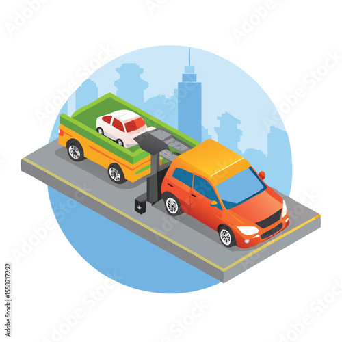 Robust tow truck hauling a disabled car vector art design 