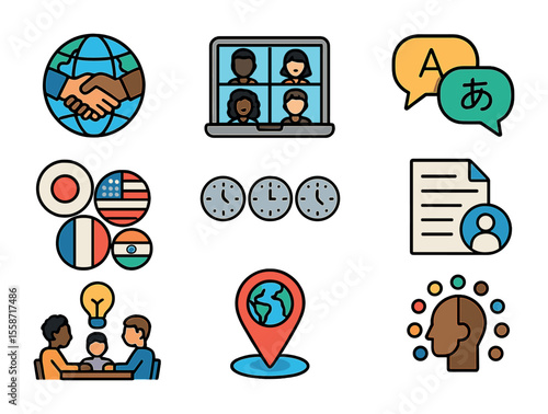 Global Teamwork Icons. Flat icon set of cross-cultural teamwork: globe with handshake, video call with diverse