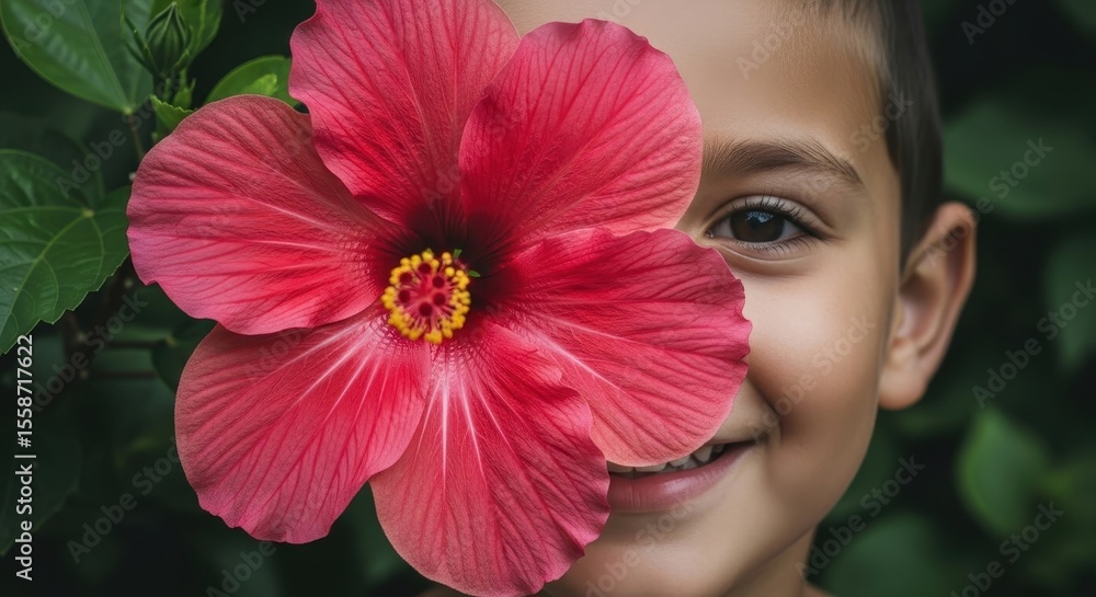 Young boy face partially hidden by a vibrant red hibiscus flower, smiling with joy. Young boy face partially hidden by a vibrant red hibiscus flower, smiling with joy.