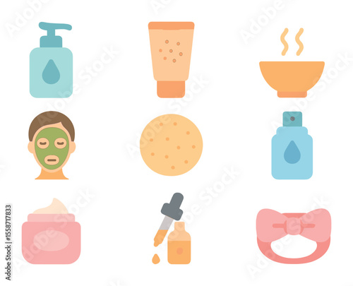 DIY Skincare Icons. Flat icon set of DIY facial treatments: cleanser bottle, exfoliating scrub, steaming bowl,