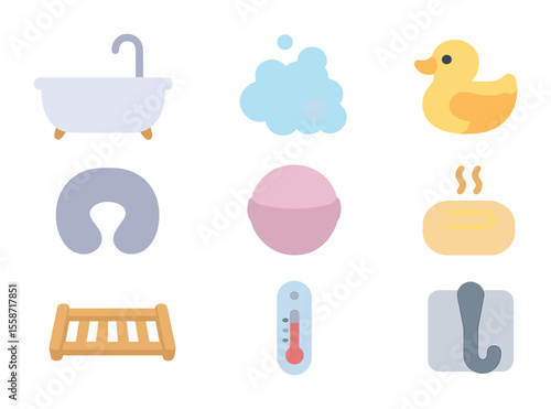 Calming Bath Icons. Flat icon set of calming bath time: freestanding bathtub, bubble foam, rubber duck, bath