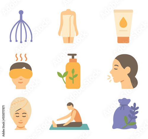 Self-Care Icon Set. Flat icon set of head-to-toe self-care: scalp massage tool, body wrap, hand cream, heated