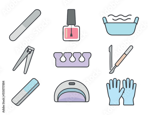 Home Manicure Essentials. Flat icon set of home manicure and pedicure: nail file, nail polish bottle, foot