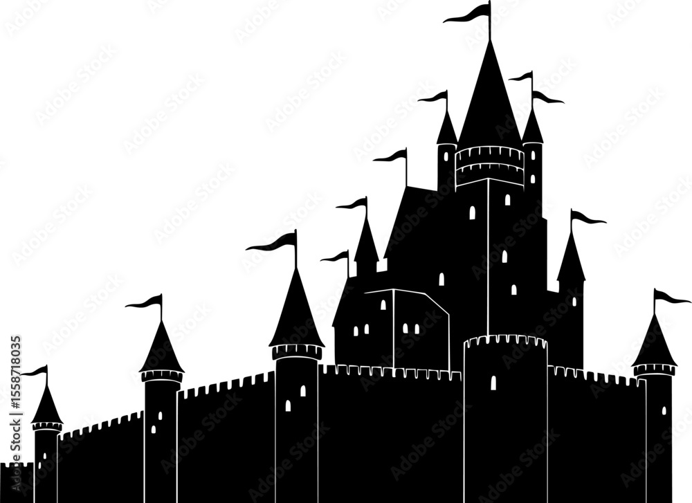 Obraz premium castle with tower and flags line art silhouette vector illustration 