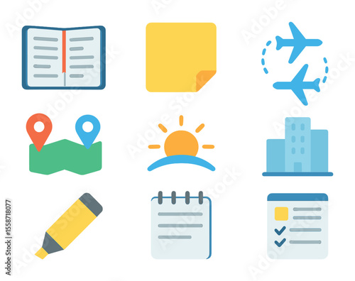 Travel Planning Icons. Flat icon set of itinerary visualization: open planner, sticky note, travel arrows, map