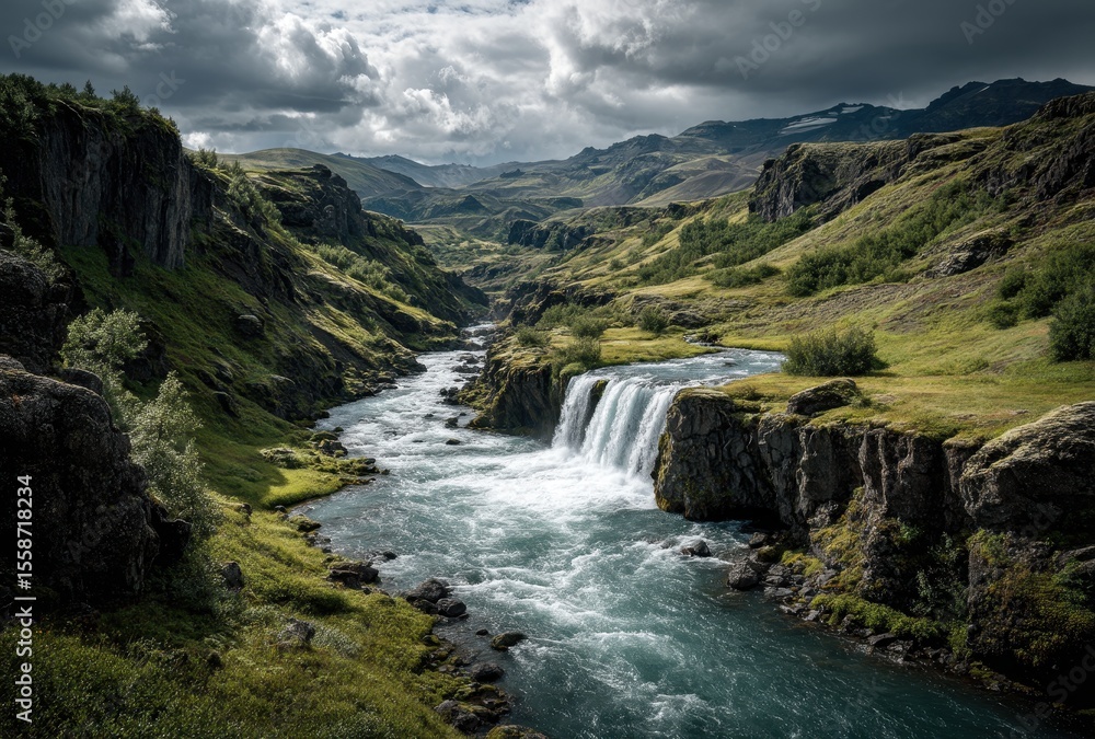 Fototapeta premium Majestic waterfall cascading down rocky cliffs surrounded by lush greenery and dramatic moody sky in Icelandic wilderness landscape