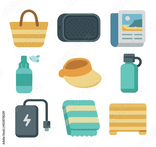 Beach Day Essentials. Flat icon set of beach day accessories: beach bag, portable speaker, magazine, cooling