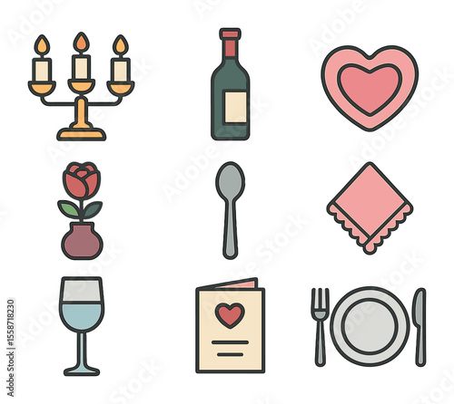 Romantic Dinner Icons. Flat icon set of romantic dinner setup: candle holder, wine bottle, heart-shaped plate,