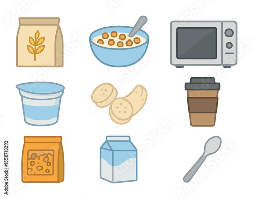 Quick Breakfast Icons. Flat icon set of quick morning meals: instant oats pack, cereal bowl, microwave, yogurt