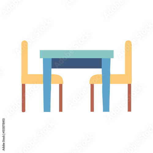 Flat Colored Kitchen Table Icon, Dining Furniture Symbol, Home Interior Element

