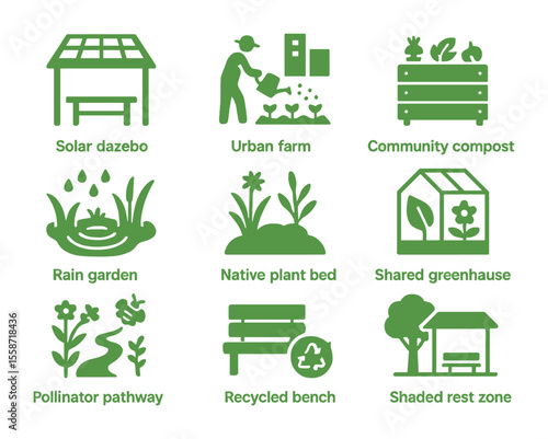 Sustainable Community Icon Set. Flat icon set of green community spaces: solar gazebo, urban farm, community