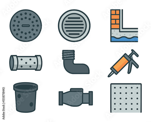 Basement Waterproofing Icons. Flat icon set of basement waterproofing elements: round sump pump lid, grated