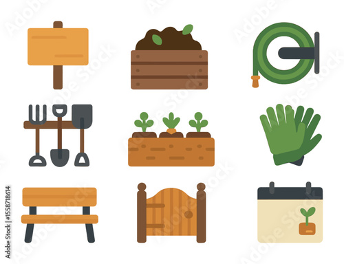 Community Garden Icons. Flat icon set of community garden plots: garden signboard, shared compost pile, water