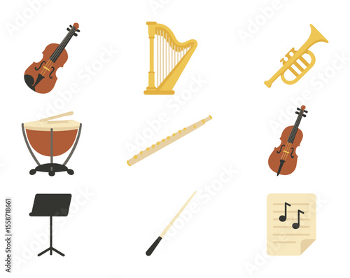 Opera Instruments Icons. Flat icon set of musical instruments in opera: violin, harp, trumpet, timpani, flute,
