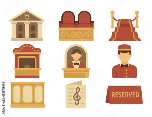 Classical Venue Icons. Flat icon set of classical performance venues: opera house facade, balcony seats, red