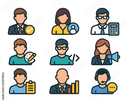 Workplace Role Icons. Flat icon set of workplace roles: manager, HR specialist, accountant, designer,