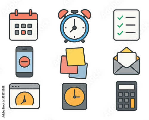 Productivity Tools Icons. Flat icon set of productivity tools: calendar, alarm clock, task checklist, time