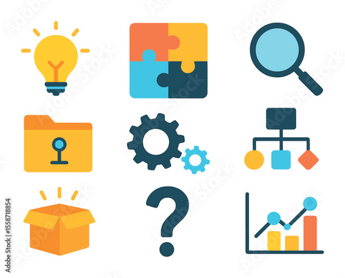 Innovation Icons Grid. Flat icon set of innovation and problem solving: lightbulb idea, puzzle pieces,