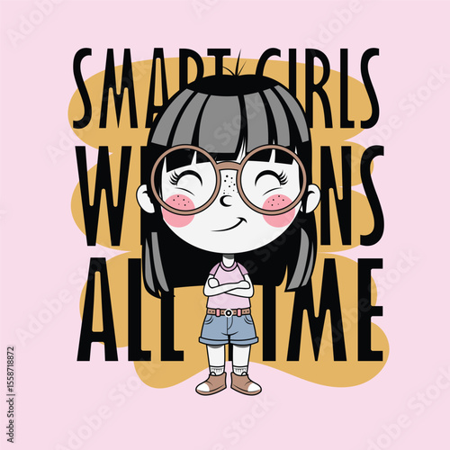 Vector Cute cartoon of a smart girl with glasses standing confidently in front of the quote 