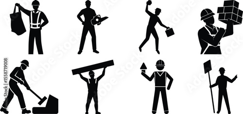 Vector art of black silhouettes of construction workers with various tools and materials, isolated on transparent background