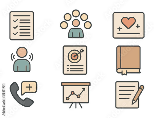 Client Resources Icons. Flat icon set of client resources: coping strategy list, breathing exercise, positive