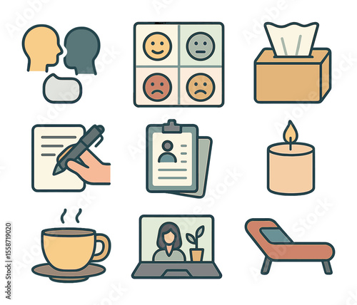 Therapy Session Icons. Flat icon set of therapy session elements: talking heads, emotions chart, tissue box,