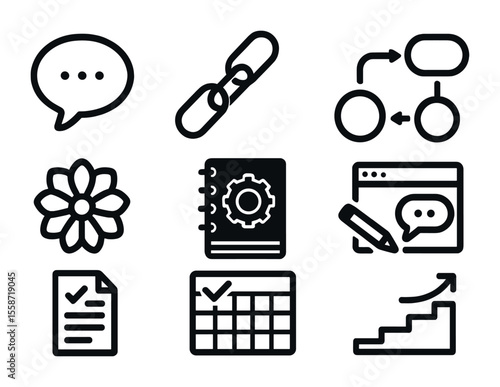 Cognitive Tools Icons. Flat icon set of cognitive behavioral tools: thought bubble, behavior chain,