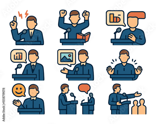 Speech Delivery Icon Set. Flat icon set of speech delivery styles: persuasive tone, motivational gesture,