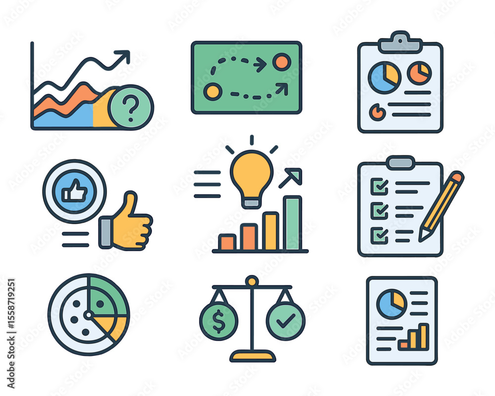 Business Icon Grid. Flat icon set of business decision support: scenario chart, strategy map, risk analysis, Business Icon Grid. Flat icon set of business decision support: scenario chart, strategy map, risk analysis,