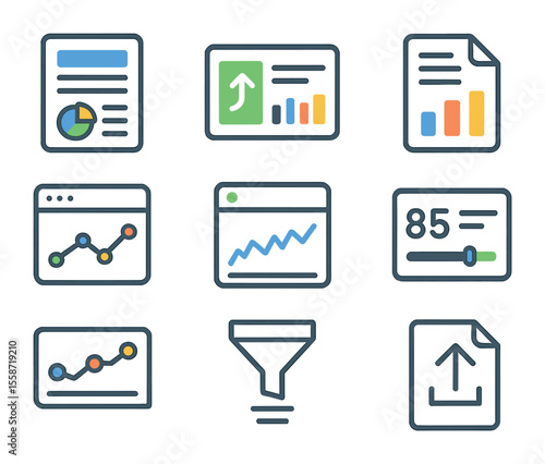 Dashboard Icon Set. Flat icon set of reporting and dashboards: executive summary, performance widget, monthly