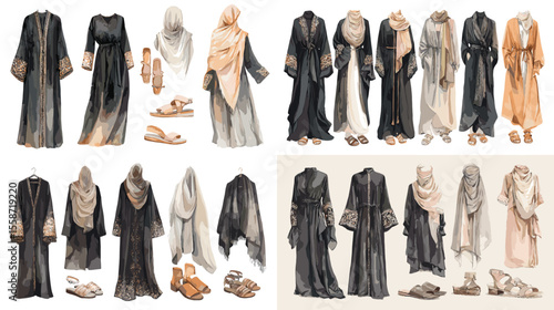 Modest fashion watercolor illustration of abaya and hijab outfits in neutral tones, ideal for Islamic fashion, cultural attire, and elegant wardrobe visuals.

