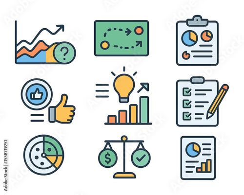 Business Icon Grid. Flat icon set of business decision support: scenario chart, strategy map, risk analysis,