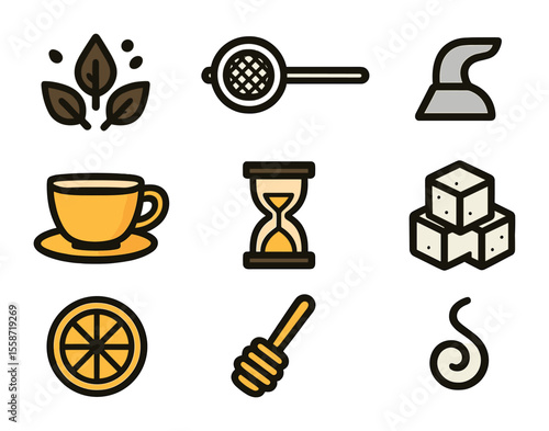 Tea Preparation Icons. Flat icon set of tea preparation tools: loose leaf tea, tea strainer, kettle spout,