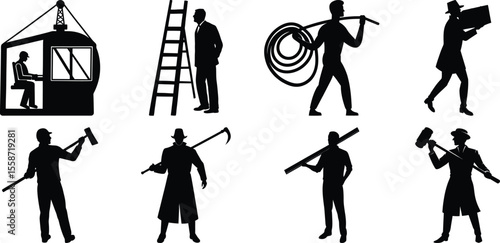 Vector art of collection of eight black silhouettes of workers with different tools and equipment, isolated on transparent background