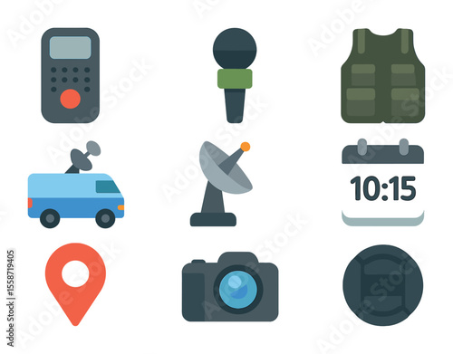 Field Reporting Icons. Flat icon set of field reporting tools: voice recorder, microphone, reporter vest, news