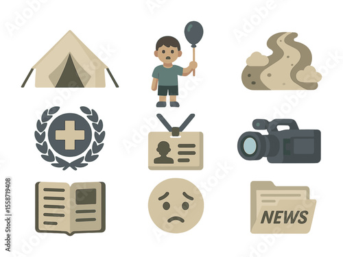 Documentary Icon Set. Flat icon set of documentary photo coverage: refugee tent, child with balloon, dusty