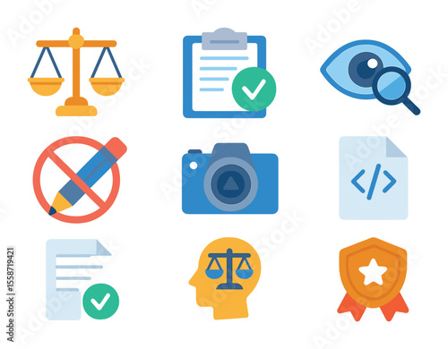 Ethical Journalism Icons. Flat icon set of ethical journalism symbols: truth scale, fact-check icon, eye for