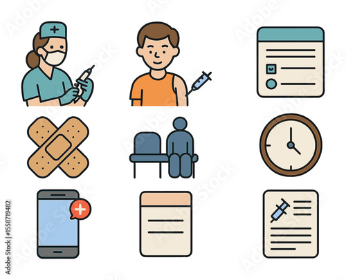 Immunization Icons Grid. Flat icon set of immunization process: nurse administering shot, child receiving