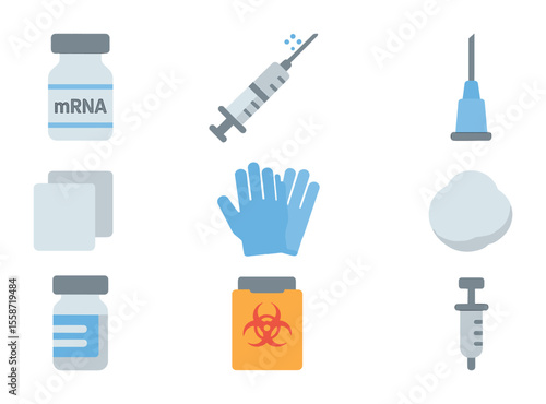Vaccine Icons Grid. Flat icon set of vaccine types and equipment: mRNA vial, booster shot, needle tip, alcohol