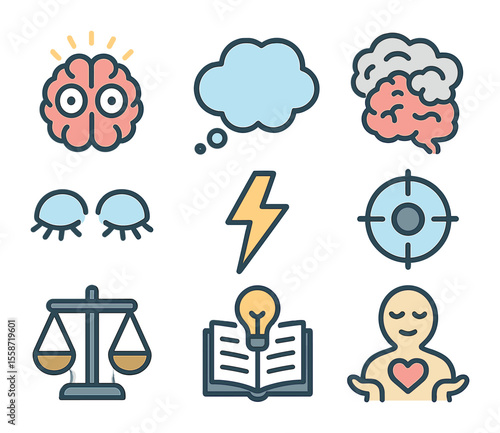 Sleep and Clarity Icons. Flat icon set of sleep and mental clarity: alert brain, clear thought bubble, reduced