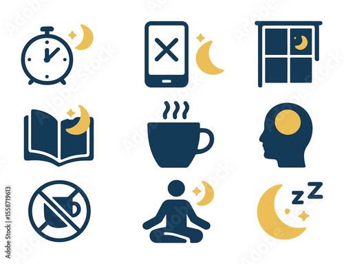 Brain-Friendly Sleep Icons. Flat icon set of habits for brain-friendly sleep: sleep schedule, screen off icon,