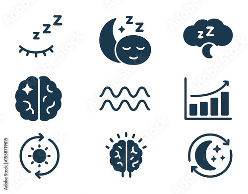 Sleep Cycle Icons. Flat icon set of sleep cycles and brain health: light sleep, deep sleep, REM icon, brain