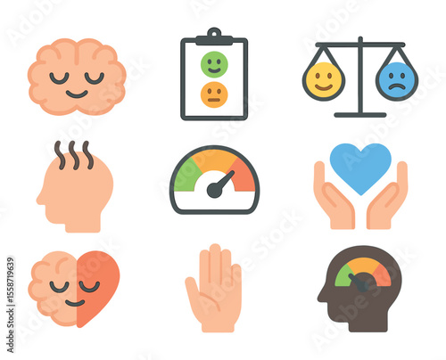 Emotional Regulation Icons. Flat icon set of sleep and emotional regulation: calm brain, mood tracker,