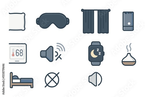 Healthy Sleep Icons. Flat icon set of healthy sleep environment: pillow icon, sleep mask, blackout curtains,