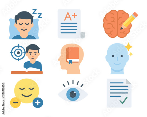 Sleep & Success Icons. Flat icon set of sleep and academic success: rested student, good grades, sharp brain,