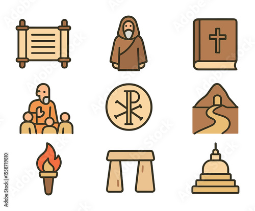 Spiritual Icon Set. Flat icon set of historical spiritual figures: scroll icon, robed figure, old book, divine