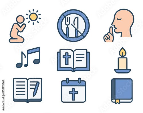 Spiritual Practice Icons. Flat icon set of spiritual disciplines and practices: morning prayer, fasting icon,